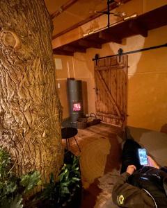a person laying on a couch in a room with a tree at Baumhaus Beletage in Bockhop
