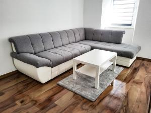 a living room with a couch and a table at Stara Pošta Apartment 7 in Grosuplje