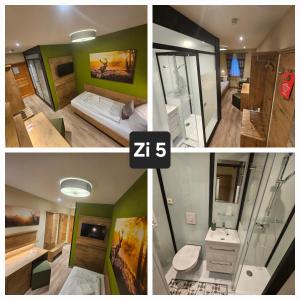 a collage of four pictures of a bathroom at Zum Roten Hirsch im Grünen Wald in Saalfeld