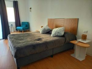 a bedroom with a large bed with a blue chair at Casa delle begonie in Rome