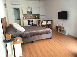 a bedroom with a bed with a fireplace and a television at Casa delle begonie in Rome
