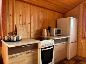 una cocina con estufa y refrigerador en Котедж Краєвид, en Yablunytsya 23 fotos más