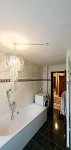 a large white bath tub in a bathroom with a chandelier at Romantico One in Tuntenhausen +46 photos