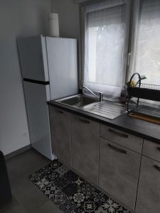 a kitchen with a white refrigerator and a sink at Bel appartement entier F1 à 5 mn de Mulhouse in Zillisheim