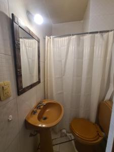 a bathroom with a sink and a toilet and a mirror at Depto. Centro Santiago del Estero in Santiago del Estero