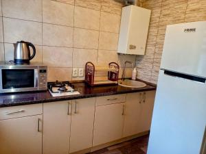 a kitchen with a white refrigerator and a sink at Apart Perspektivna in Kropyvnytskyi