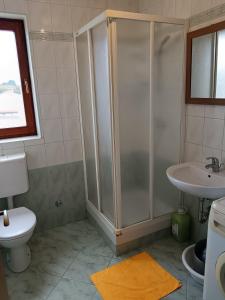 een badkamer met een douche, een toilet en een wastafel bij Pula,Gregovica in Pula