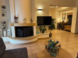 Una sala de estar con chimenea y televisión. en Villa Reina 1, en Alexandroupoli