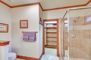 a bathroom with a shower and a toilet at Cozy Avon Retreat w/ Private Deck & Pool Access! in Avon +29 photos