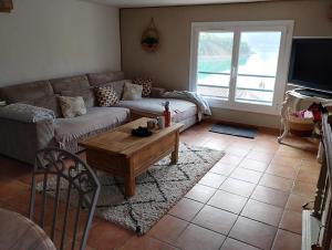 a living room with a couch and a coffee table at Aux logis du Lac de Castillon in Saint-Julien-du-Verdon