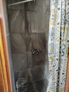 a shower with a glass door with a shower curtain at Departamento Centro Ushuaia in Ushuaia