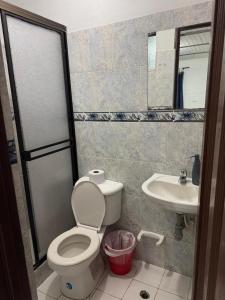 a bathroom with a toilet and a sink at Acogedor Aparta estudio central in Popayan