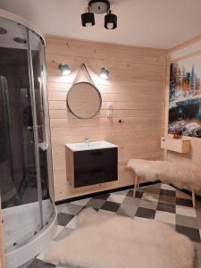 a bathroom with a shower and a sink and a mirror at Góralska Chata in Czarna Góra