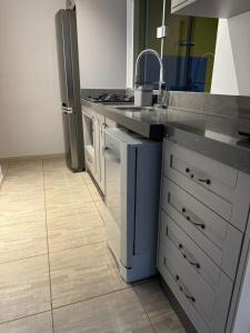 una cocina con fregadero y refrigerador en Casa piscina com hidromassagem, en Porto Belo