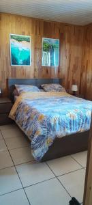 a bedroom with a bed with a blue comforter at Au doux Tamarin des hauts in Le Tampon
