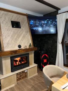 Una sala de estar con chimenea y televisión. en ВИЛА ЯНА Villa Yana, en Presoka