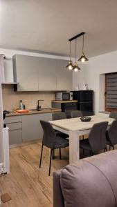a kitchen and dining room with a table and chairs at Manuel Guesthouse Ravascletto 2 in Ravascletto +13 photos