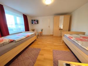 a bedroom with two beds and a window at FeWo Albrecht in Metschow in Borrentin