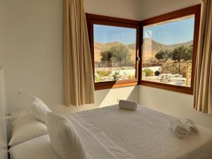 Un dormitorio con una cama y una ventana grande. en Oro y Luz, en Rodalquilar