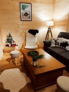 una sala de estar con un sofá y una mesa en Bel appartement proche Saint Lary Soulan, en Vielle-Aure