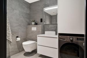 a bathroom with a toilet and a washer and dryer at Artic Lyngvær Luggombu Lodge with jacuzzi in Kleppstad +20 photos