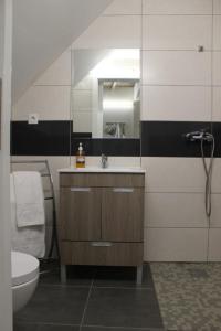 a bathroom with a sink and a toilet and a mirror at Casa Amélia in Vila Nova de Foz Coa