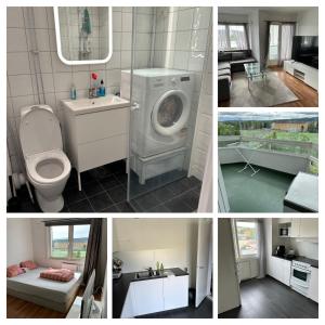 un collage de quatre photos d'une salle de bain avec des toilettes dans l'établissement CHARLISE APARTMENTs, à Oslo