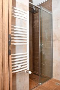 a shower with a glass door in a bathroom at Apartman Kragujevac in Kragujevac