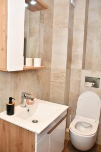 a bathroom with a white sink and a toilet at Apartman Kragujevac in Kragujevac