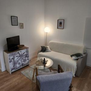 a living room with a couch and a tv at L'aT3lier d'Orthez in Orthez