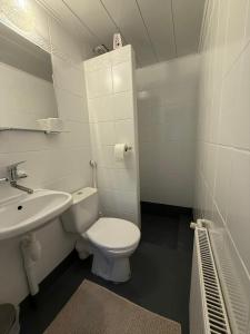 a white bathroom with a toilet and a sink at Pokoje Gościnne Mirena in Karpacz
