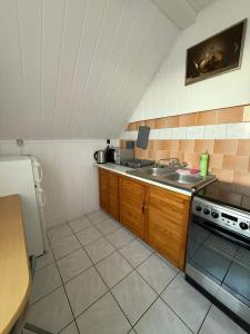 a kitchen with a sink and a stove at Pokoje Gościnne Mirena in Karpacz