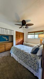 een slaapkamer met een bed en een plafondventilator bij Seaside Retreat Condo in Kailua-Kona