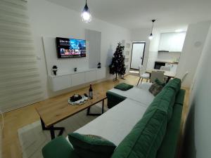 a living room with a green couch and a christmas tree at Stan na dan Lane in Pale