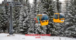 two yellow cable cars in the snow next to trees at Malino Resort & Residences - Ski and Bike Apartments in Ružomberok +195 photos