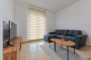 a living room with a blue couch and a table at Cozy apartment in Čajetina