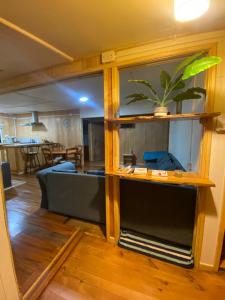 a living room with a couch and a plant on a shelf at Departamento la espiga in Chaitén