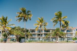 ein Hotel am Strand mit Palmen in der Unterkunft Fairshore in Noosa Heads