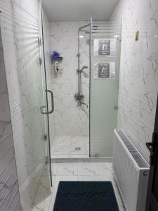 a shower with a glass door in a bathroom at Samarkand Hostel in Samarkand