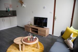 sala de estar con sofá, mesa y TV en Apartment Top van Epen, en Epen