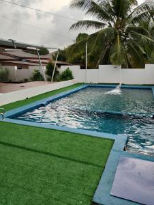 a swimming pool with green grass and a palm tree at WHG Homestay, Paya Berenjut Kemaman in Cukai