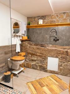 a bathroom with a stone wall with a toilet and a sink at Zum oidn Schmie Haus in Pemfling
