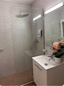 a bathroom with a shower with a sink and a shower at Villa IRI Habitación N 4 - Suit con balcón in Pineda de Mar