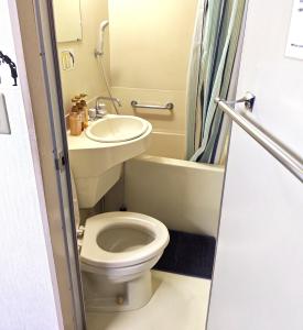 a small bathroom with a toilet and a sink at HOSTEL PAQ tokushima in Tokushima