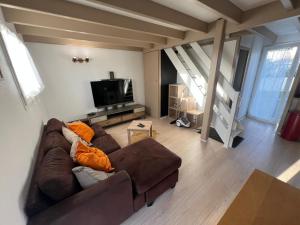 a living room with a brown couch and a tv at Petite Pause Oléronaise in La Cotinière
