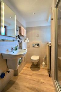 a bathroom with a sink and a toilet at Ferienwohnung am Felsenkeller in Lahrbach