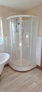 a shower in a bathroom with a tub and a sink at Hale Oaks Farm in Rudgwick