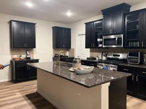 a kitchen with black cabinets and a granite counter top at Balmoral LakeSide 5br 4ba House in Humble