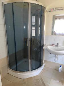 une salle de bain avec une douche en verre et un lavabo dans l'établissement Thalia Appartement, à Nairobi