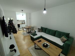 a living room with a green couch and a christmas tree at Stan na dan Lane Pale in Pale